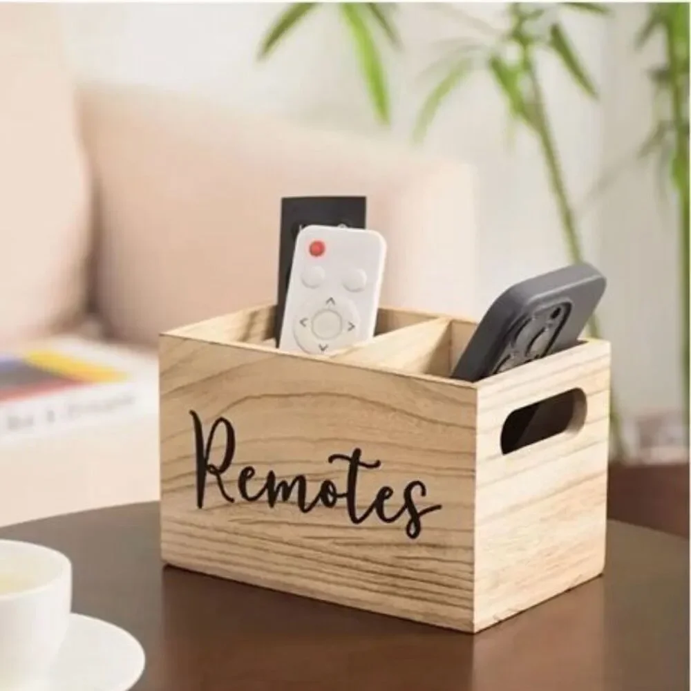 NWT Farmhouse Black Wood Remotes Graphic 2 Slots Minimalist Holder Organizer
